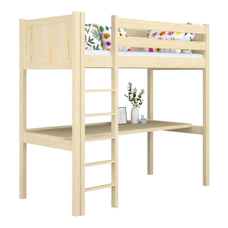 Drewniane łóżko N-WOOD na antresoli z biurkiem N06 sosna bezbarwna 120x200 1szt.