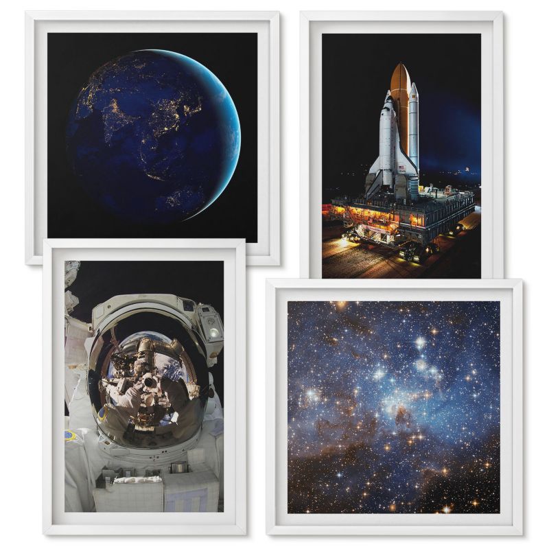 Tetraptyk Na Ścianę Wallfluent Kosmos Ziemia astronauta rakieta Biała rama 4 szt.