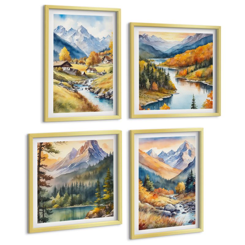 Komplet 4 Obrazów ArtPrintCave (2x50x50+2x40x60cm) Złota rama Górski krajobraz rzeka domki 1 kpl.