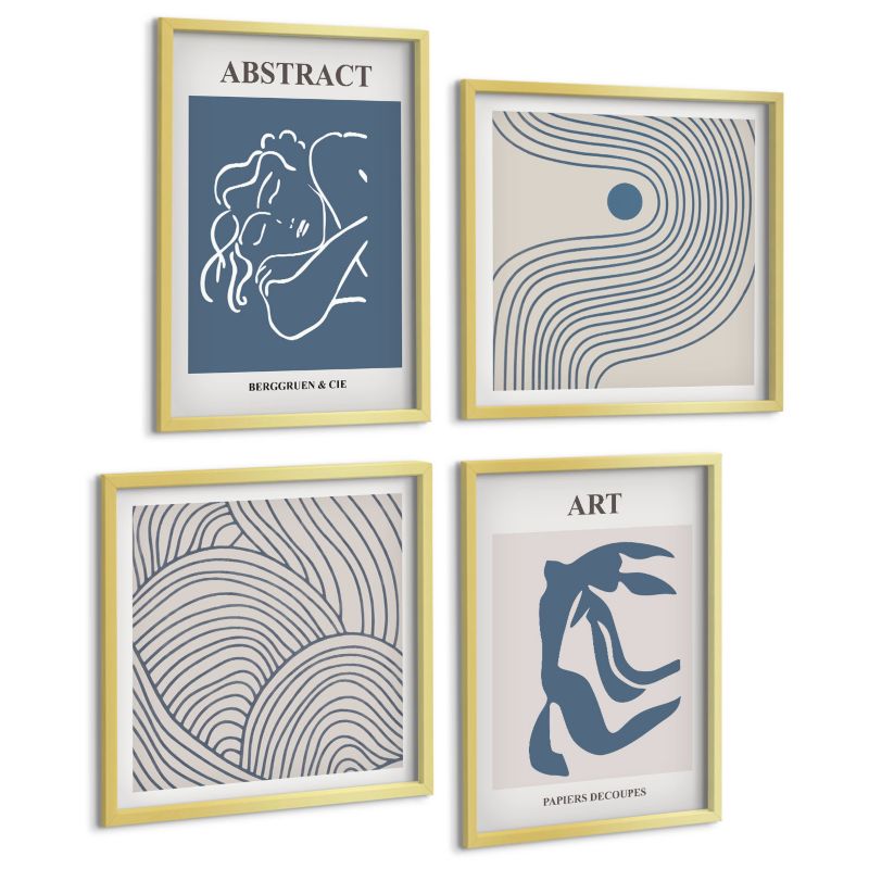 Galeria 4 Obrazów ArtPrintCave (2x50x50+2x40x60cm) Złota rama Abstrakcyjne linie fale plakat 1 kpl.
