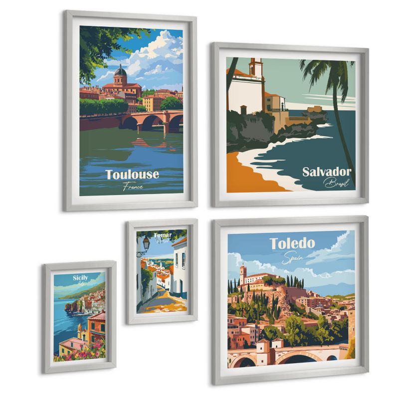 Zestaw 5 Obrazów ArtPrintCave (2x50x50+2x20x30+40x60cm) Srebrna rama Góry retro architektura ilustracje 1 kpl.