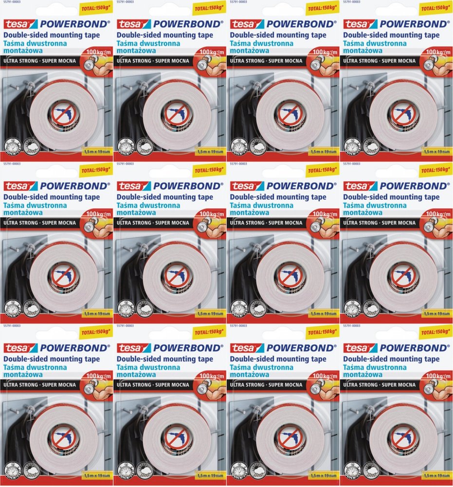12x Taśma dwustronna montażowa tesa, Powerbond Ultra Strong, 19mm x 1.5m, biały