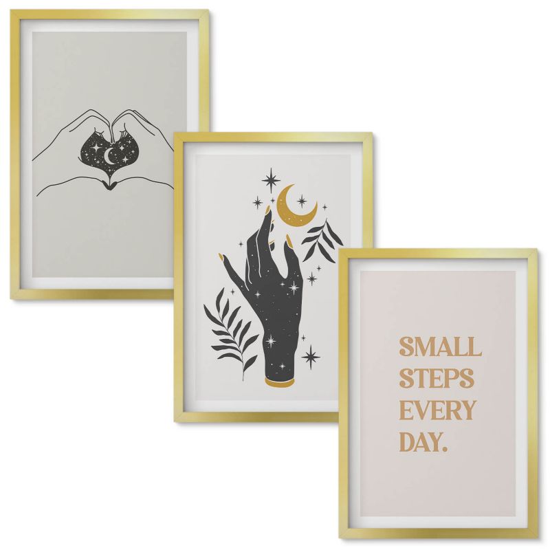 Obrazy do Salonu Wallfluent Minimalistyczne ilustracje boho Złota rama 40x60 cm 3 szt.