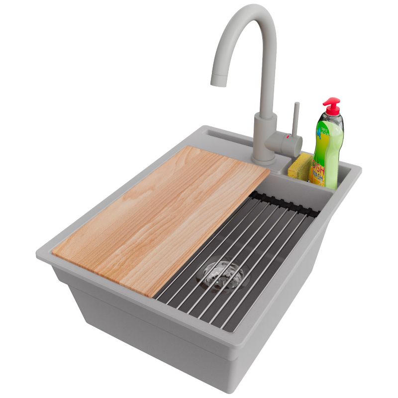 Zlewozmywak Granitowy Oslo Pocket PRIMAGRAN Nablatowy 38x53cm do Szafki od 40cm, Szary + Bateria 32x20cm + Syfon, S043, 1 szt.