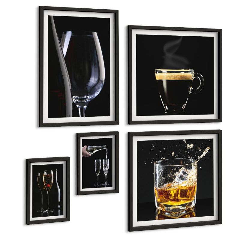 Zestaw Obrazów 5 Częściowy ArtPrintCave (2x50x50+2x20x30+40x60cm) Czarna rama Dmuchawce limonki kuchnia napisy 1 kpl.