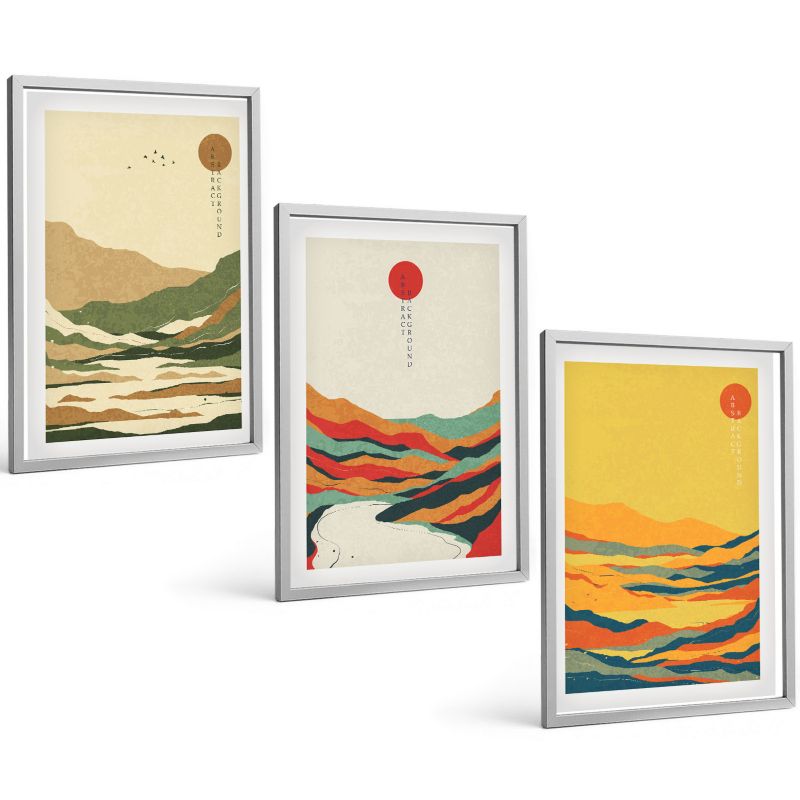 Zestaw 3 Obrazów w Srebrnej Ramie ArtPrintCave 40x60 cm Galeria Ścienna Kolorowe wzory gór rzek japandi 1 kpl.