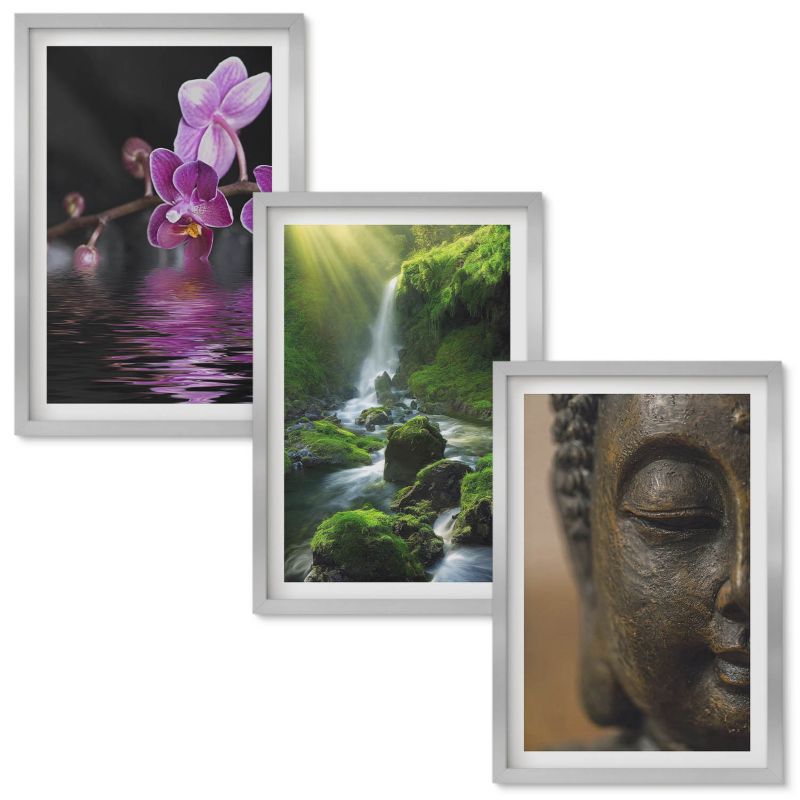 Obraz Ścienny Zestaw Wallfluent Kwiaty wodospad Budda skały Zen Srebrna rama 40x60 cm 3 szt.