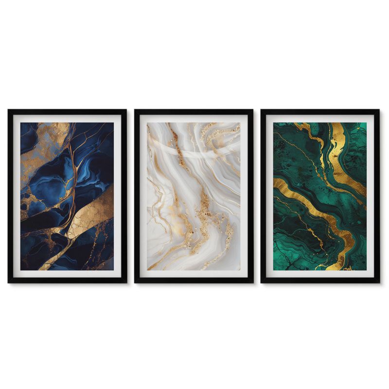 Zestaw 3 obrazów w czarnej ramie Tulup 40x60 cm Abstrakcyjne wzory niebieskie Obrazy do kuchni w ramie 1 kpl