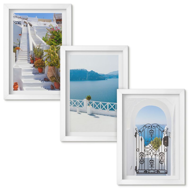 Tryptyk w Ramie Wallfluent Białe schody rośliny morze brama Biała rama 20x30cm 3 szt.