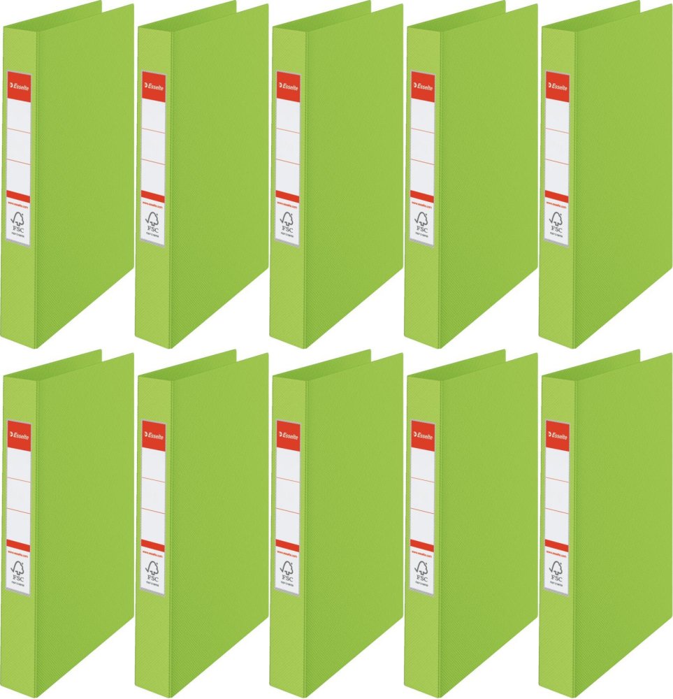 10x Segregator Esselte Vivida, A4, 42mm, do 190 kartek, 4 ringi, 30% PP z recyklingu, zielony
