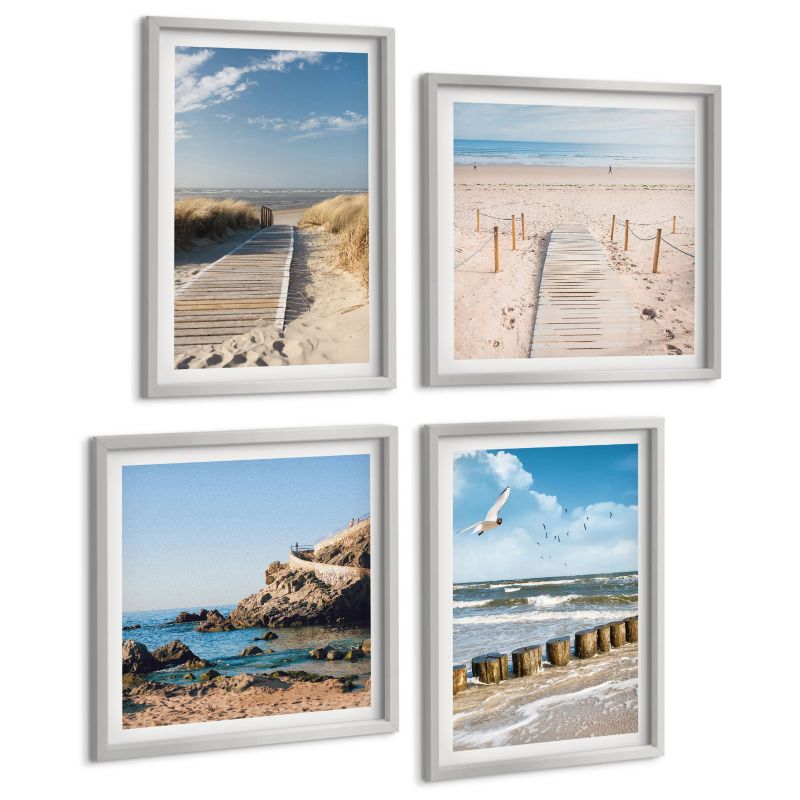 Zestaw 4 Obrazów ArtPrintCave (2x50x50+2x40x60cm) Srebrna rama Plaża piasek fale niebo ptaki 1 kpl.