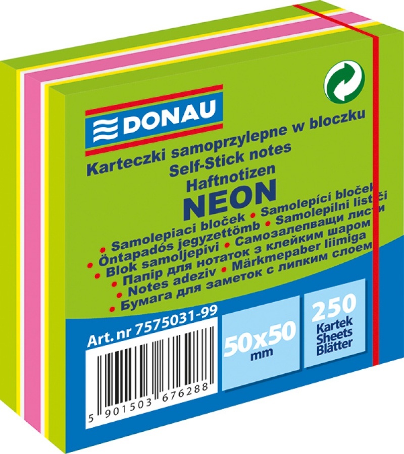 Karteczki samoprzylepne Donau, 50x50mm, 250 karteczek, neon-pastel, mix zielony