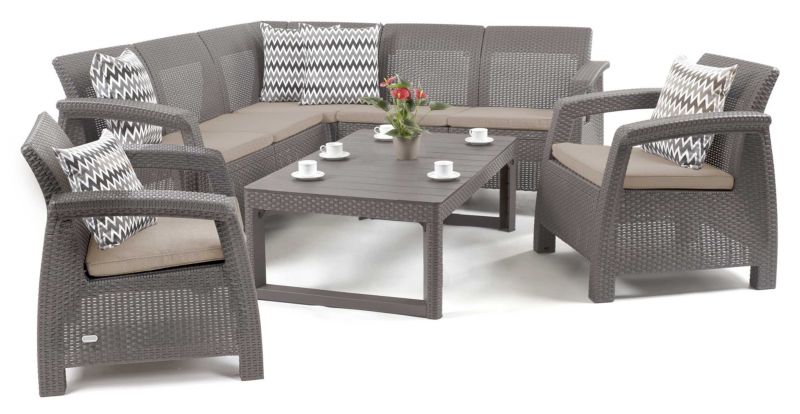 Zestaw mebli ogrodowych Keter Corfu Relax Duo Lyon narożnik 2 fotele stół 7os. Cappuccino kpl