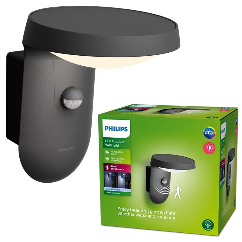 Kinkiet Ogrodowy Tyla Philips Lampa Elewacyjna Zewnętrzna LED 9W 930lm 4000K IP44 z Czujnikiem Ruchu i Zmierzchu Antracyt 1 szt.