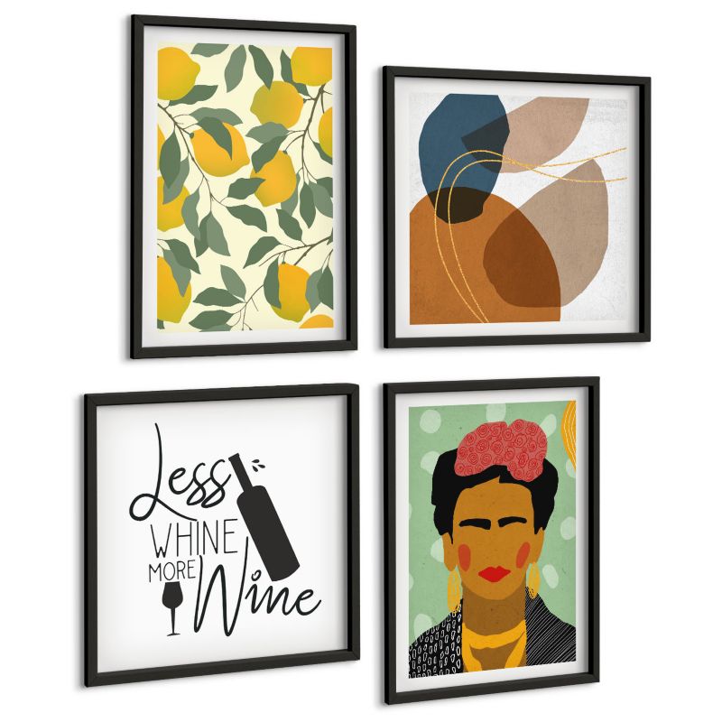 Zestaw 4 Obrazów ArtPrintCave (2x50x50+2x40x60cm) Czarna rama Cytryny wino portret Fridy 1 kpl.