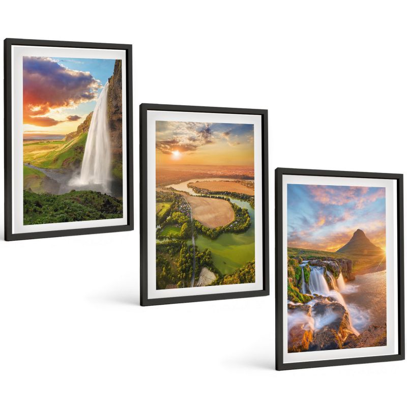 Zestaw Obrazów 3 Częściowy ArtPrintCave Czarne Ramki 40x60 cm Dekoracja do Sypialni Wodospady krajobrazy zachód 1 kpl.