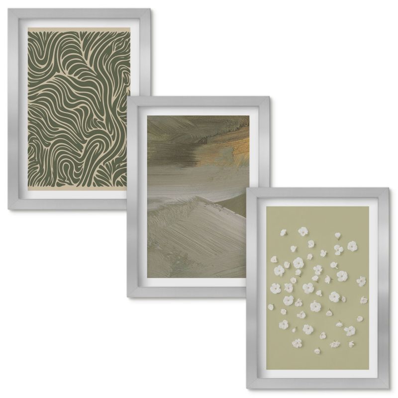 Set Obrazów w Ramie Wallfluent Wzory faliste abstrakcyjne kwiaty Srebrna rama 20x30cm 3 szt.