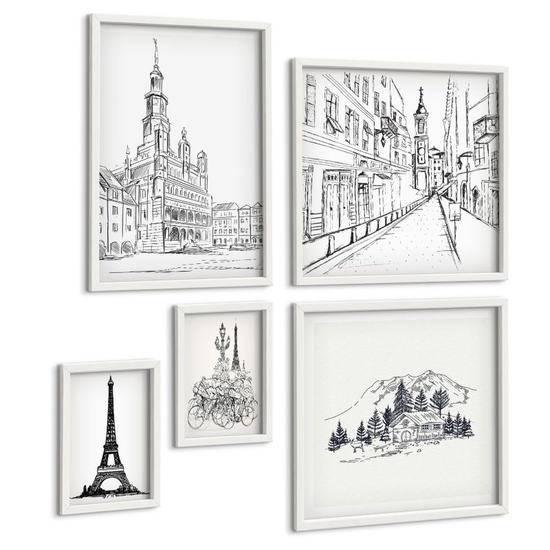 Zestaw 5 Obrazów ArtPrintCave (2x50x50+2x20x30+40x60cm) Biała rama Abstrakcyjne malarskie kompozycje 1 kpl.