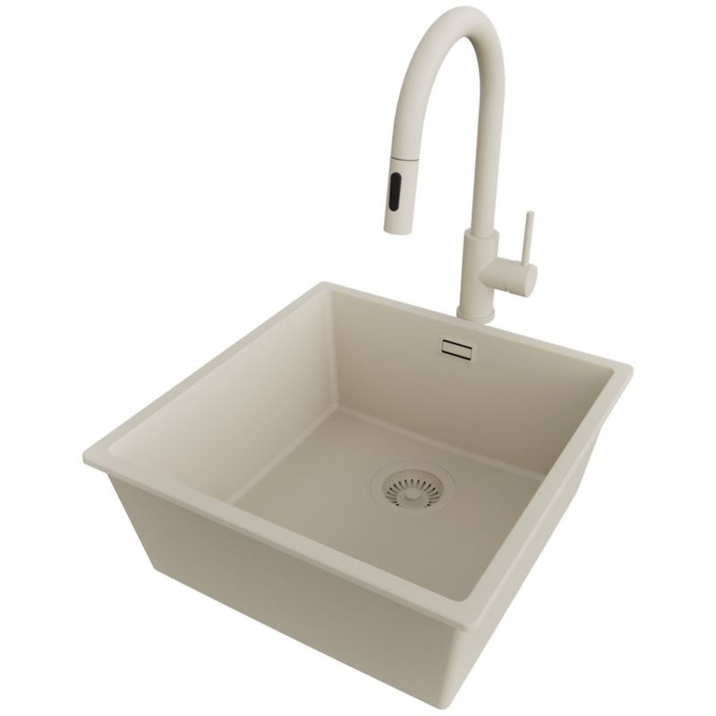 Zlewozmywak Granitowy Londyn Slim PRIMAGRAN Nablatowy 46x47cm do Szafki od 50cm, Cały Beżowy + Bateria + Syfon, S232, 1 szt.