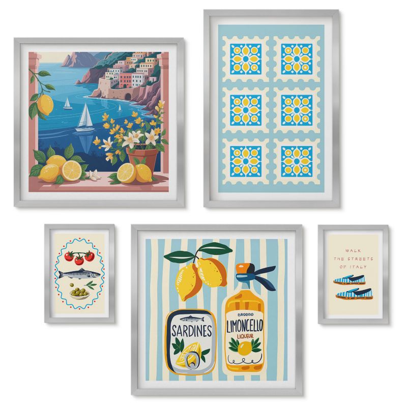 Zestaw 5 obrazów w srebrnej ramie Tulup Ilustracje kuchni śródziemnomorskiej Galeria ścienna 1 kpl