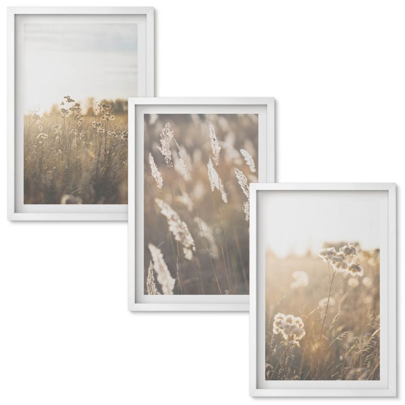Zestaw Obrazów w Ramie Wallfluent Krajobraz trawy kwiaty ciepło Biała rama 40x60 cm 3 szt.