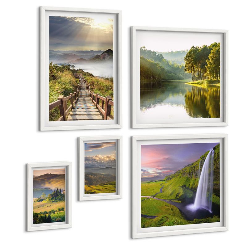 Komplet 5 Obrazów ArtPrintCave (2x50x50+2x20x30+40x60cm) Biała rama Zielone liście tropików akwarela 1 kpl.