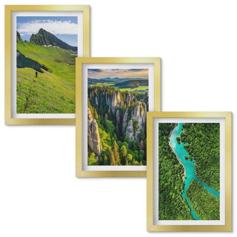 Obrazy do Salonu Wallfluent Zielone góry rzeka skały Złota rama 20x30cm 3 szt.