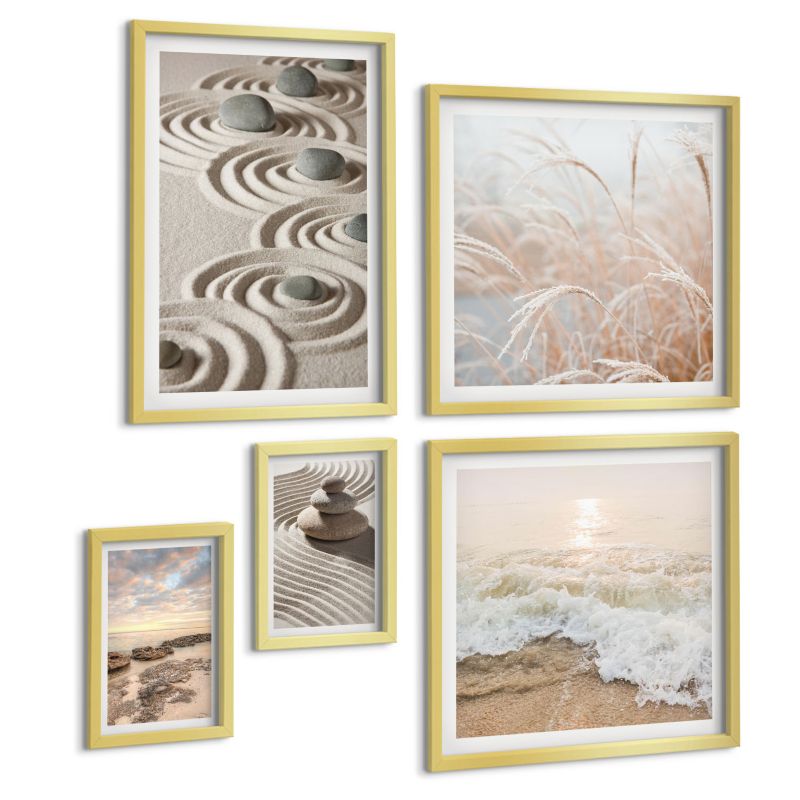 Zestaw Obrazów 5 Częściowy ArtPrintCave (2x50x50+2x20x30+40x60cm) Złota rama Kwiaty w wodzie wodospad Budda 1 kpl.