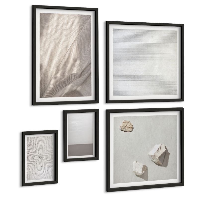 Galeria 5 Obrazów ArtPrintCave (2x50x50+2x20x30+40x60cm) Czarna rama Delikatne boho tekstury natury 1 kpl.