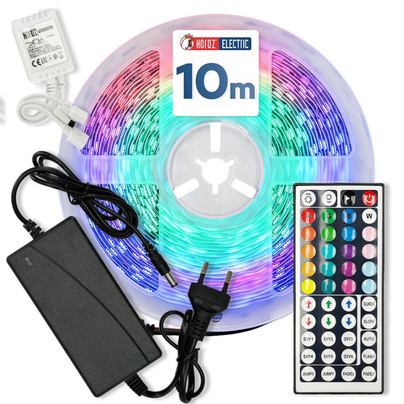 Taśma LED HOROZ RGB, 24V, 10W/m, 800lm/m, IP20, ze sterownikiem, zasilaczem i pilotem, rolka 10m, VICTORY-10 1szt