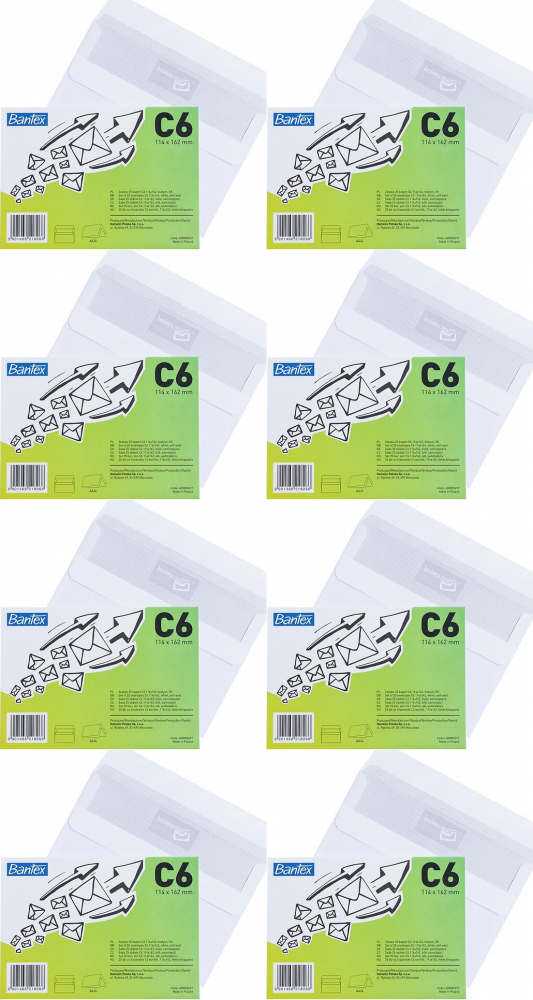 8x Koperta standardowa Bantex, C6, samoklejąca SK, 25 sztuk, biały
