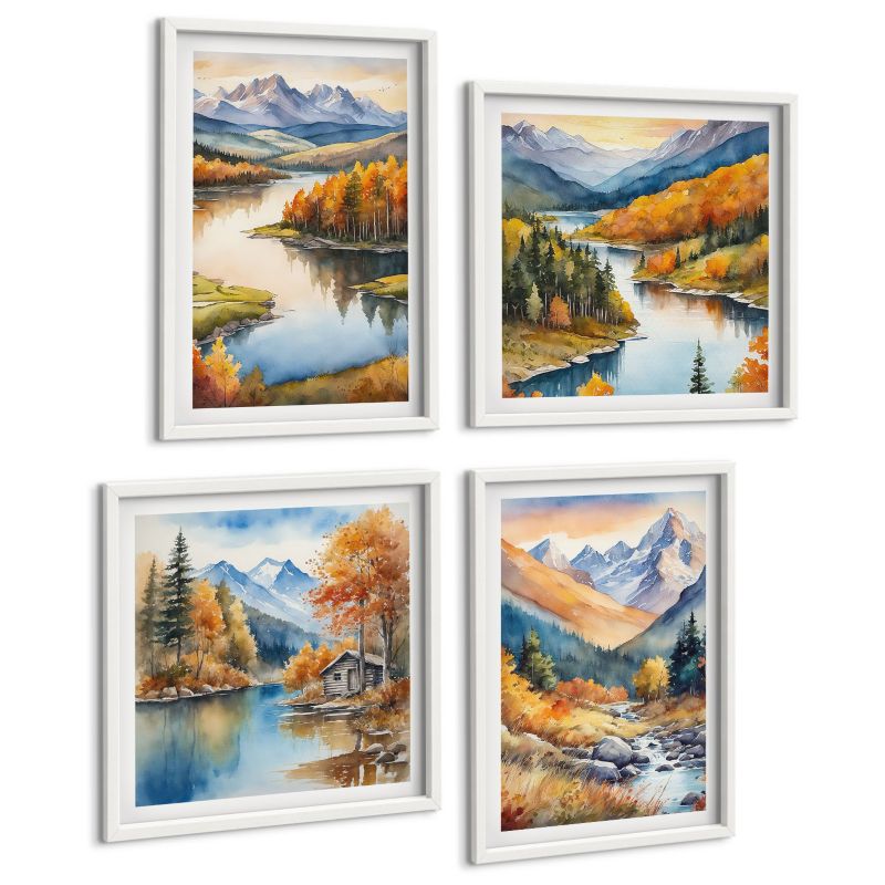 Zestaw Obrazów 4 Częściowy ArtPrintCave (2x50x50+2x40x60cm) Biała rama Górskie widoki rzeka jesień 1 kpl.
