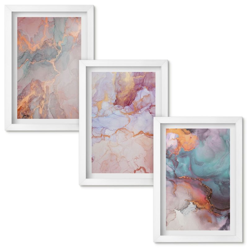 Obraz Ścienny Zestaw Wallfluent Abstrakcyjne pastelowe wzory Biała rama 20x30cm 3 szt.