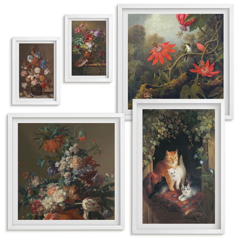 Galeria Obrazów Na Ścianę Wallfluent Vintage kwiaty koty rośliny Biała rama 5 szt.