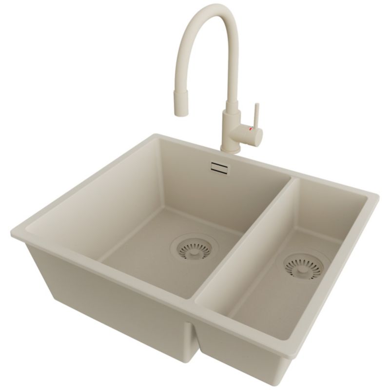 Zlewozmywak podblatowy Londyn Duo PRIMAGRAN 56x47cm do Szafki od 60cm, Cały Beżowy + Bateria 38x14cm + Syfon, S034, 1 szt.