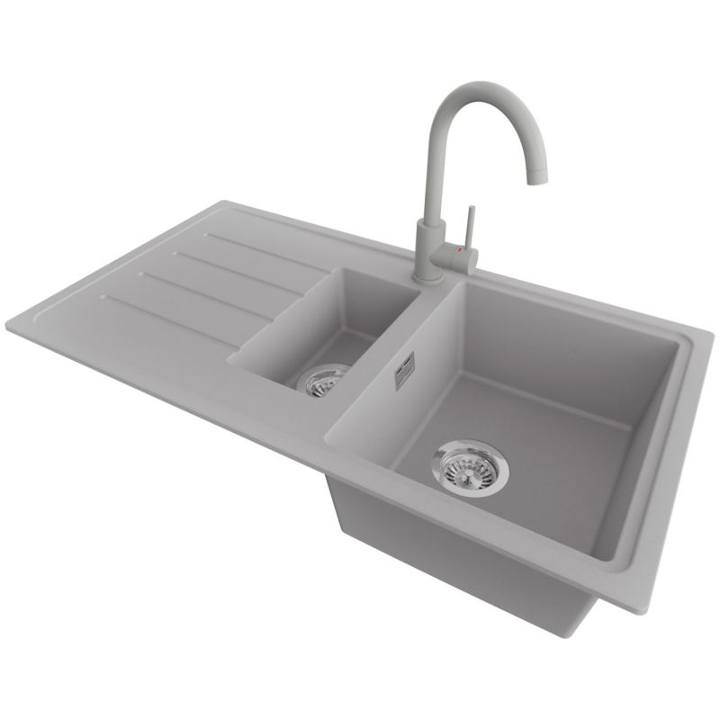 Zlewozmywak Granitowy Kopenhaga Duo PRIMAGRAN Nablatowy 90x50cm do Szafki od 60cm, Szary + Bateria 32x20cm + Syfon, S015, 1 szt.