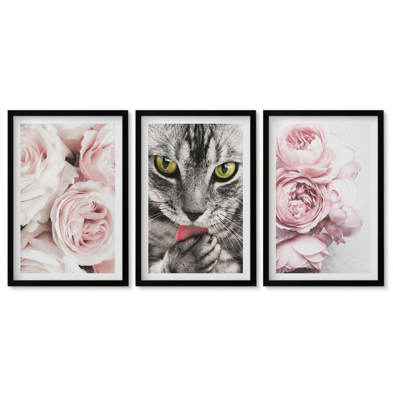 Zestaw 3 obrazów w czarnych ramach Tulup 40x60 cm Kot w różowych kwiatach Tryptyk 1 kpl