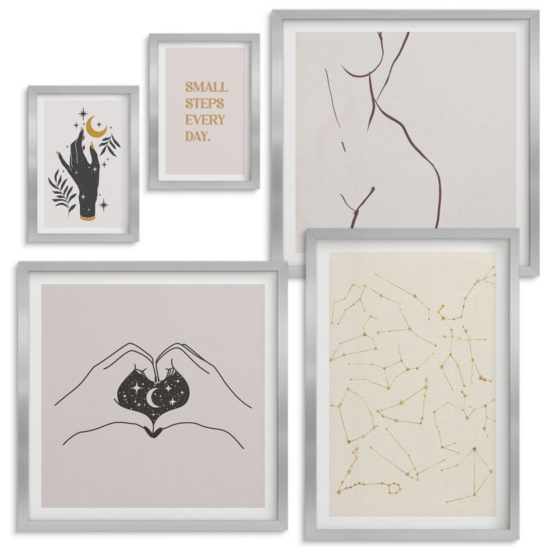 Obrazy do Salonu Wallfluent Minimalistyczne boho ilustracje Srebrna rama 5 szt.