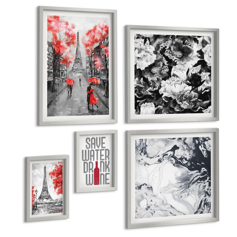 Galeria 5 Obrazów ArtPrintCave (2x50x50+2x20x30+40x60cm) Srebrna rama Wieża Eiffla szare malunki 1 kpl.