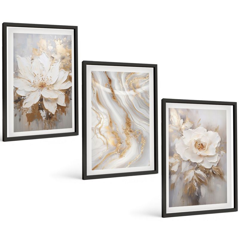 Zestaw Obrazów 3 Częściowy ArtPrintCave Czarne Ramki 40x60 cm Dekoracja do Sypialni Kwiaty abstrakcyjny marmur 1 kpl.