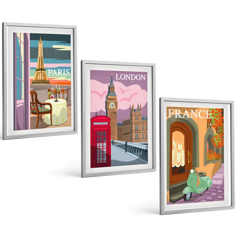 Zestaw Obrazów 3 Częściowy ArtPrintCave Srebrne Ramki 40x60 cm Dekoracja do Sypialni Widoki Paryż Londyn retro 1 kpl.