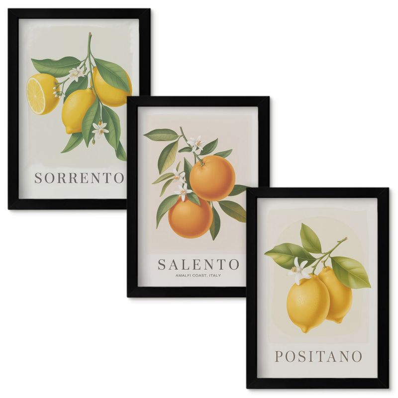 Obraz Ścienny Zestaw Wallfluent Cytryny pomarańcze Amalfi Czarna rama 20x30cm 3 szt.