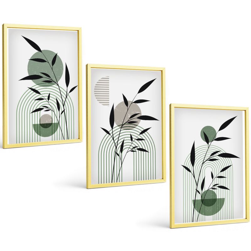 Zestaw Obrazów 3 Częściowy ArtPrintCave Złote Ramki 40x60 cm Dekoracja do Sypialni Roślinne kompozycje boho 1 kpl.