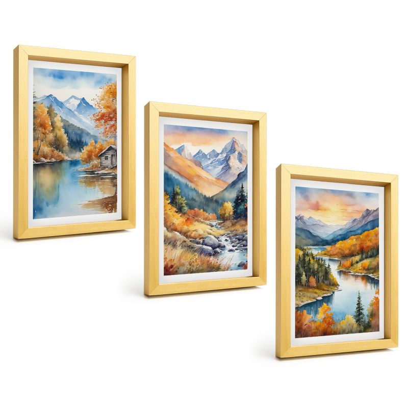 Galeria 3 Obrazów w Złotej Ramie ArtPrintCave 20x30 cm Komplet ścienny Górski krajobraz rzeka jesień 1 kpl.