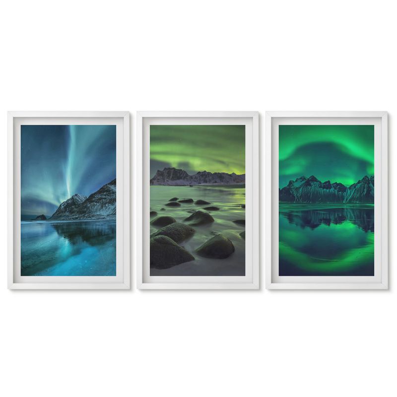 Komplet obrazów biała rama Tulup 40x60 cm Zimowy krajobraz zorzy górskiej Tryptyk 1 kpl