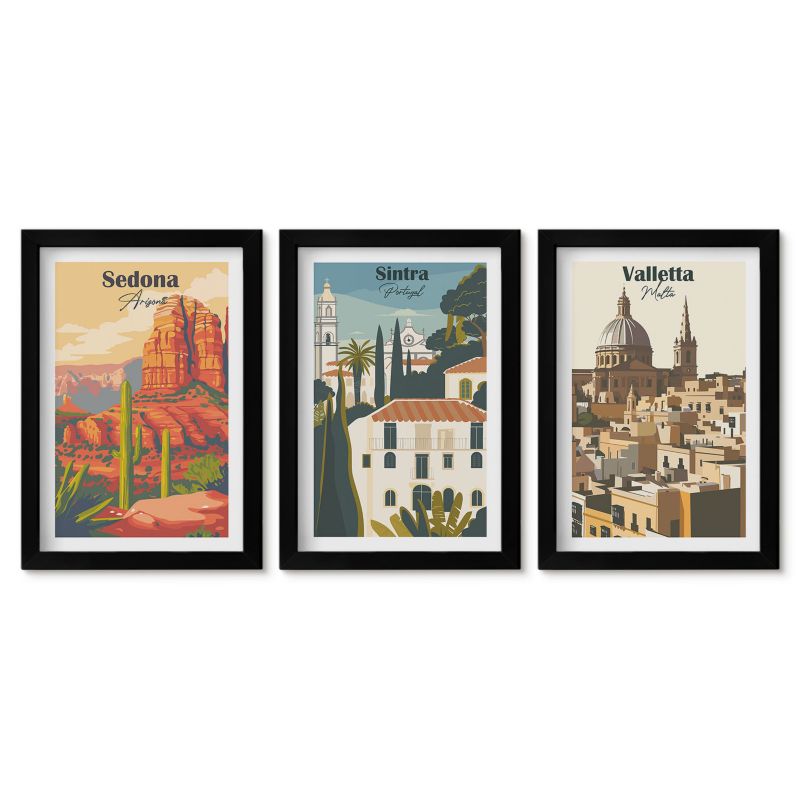 Trzy obrazy w czarnej ramie zestaw Tulup 20x30 cm Widoki Sedona Sintra Valletta retro Obrazy w czarnej ramie 1 kpl