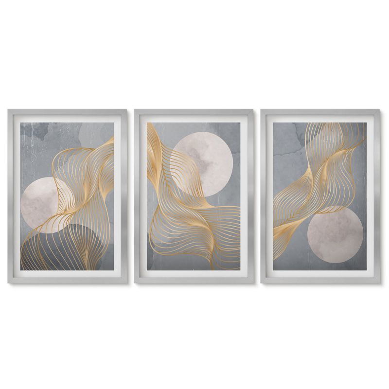 Trzy obrazy w srebrnej ramie zestaw Tulup 40x60 cm Abstrakcyjne wzory Obrazy nad biurko zestaw srebrna rama 1 kpl