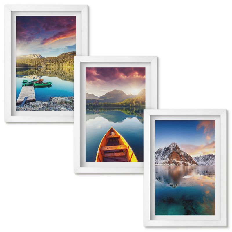 Obrazy Do Sypialni Wallfluent Jeziora góry łódź spokój Biała rama 20x30cm 3 szt.