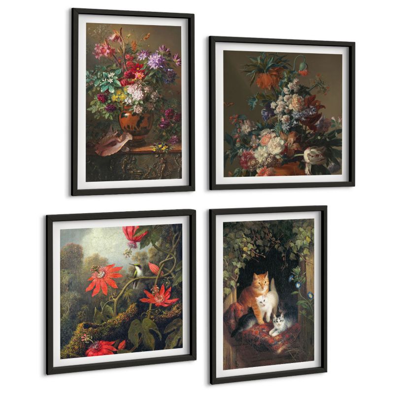 Czteroczęściowy Zestaw Obrazów ArtPrintCave (2x50x50+2x40x60cm) Czarna rama Vintage kwiaty koty rośliny 1 kpl.