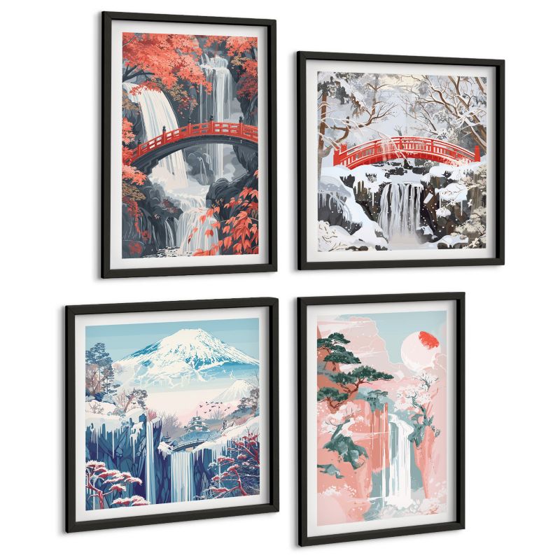Zestaw 4 Obrazów ArtPrintCave (2x50x50+2x40x60cm) Czarna rama Wodospady mostki drzewa pory roku 1 kpl.